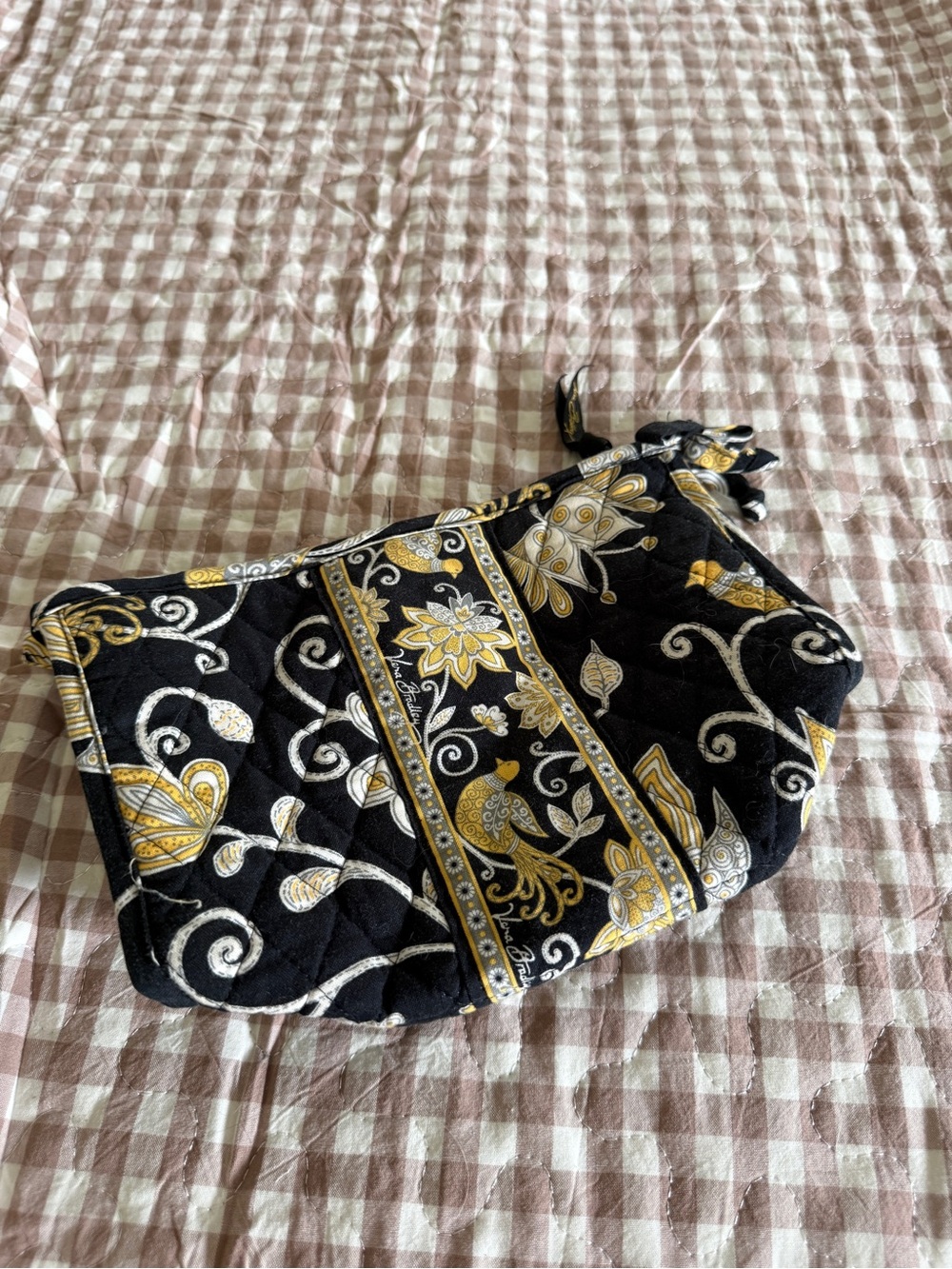 Vera Bradley Black Quilted Wristlet with Gold Floral & Bird Print